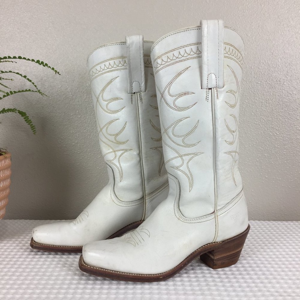 Vintage Frye White Leather Cowboy Boots Women’s 7B